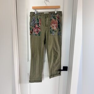 Anthropologie Floral Embroidered Olive Green Pants
